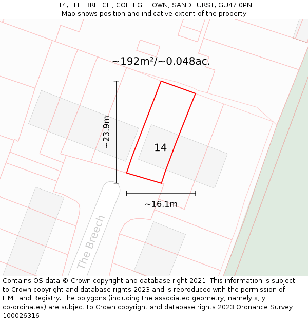 14, THE BREECH, COLLEGE TOWN, SANDHURST, GU47 0PN: Plot and title map