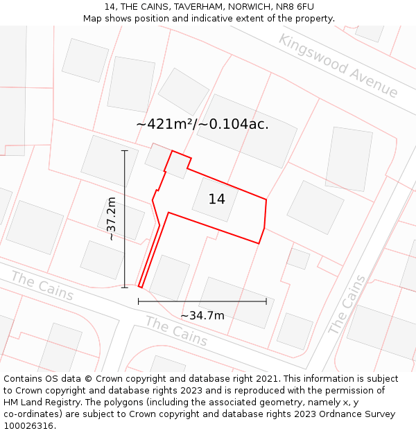 14, THE CAINS, TAVERHAM, NORWICH, NR8 6FU: Plot and title map