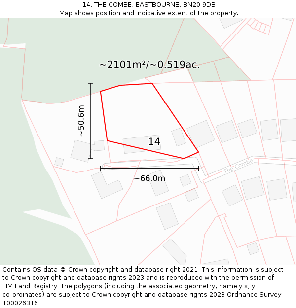 14, THE COMBE, EASTBOURNE, BN20 9DB: Plot and title map