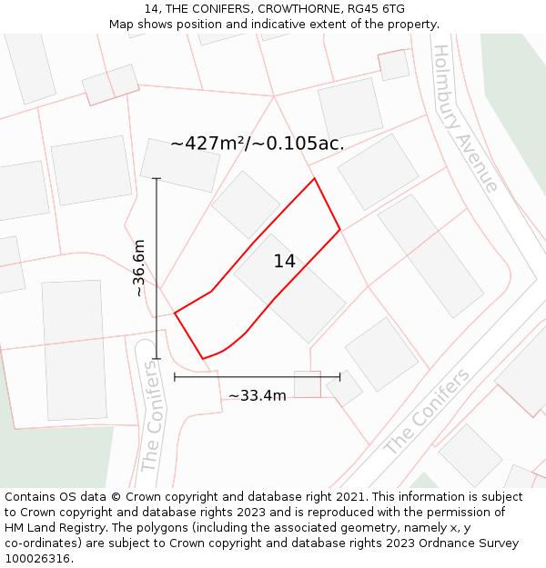14, THE CONIFERS, CROWTHORNE, RG45 6TG: Plot and title map