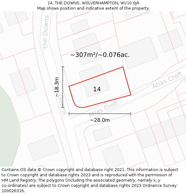 14, THE DOWNS, WOLVERHAMPTON, WV10 6JA: Plot and title map