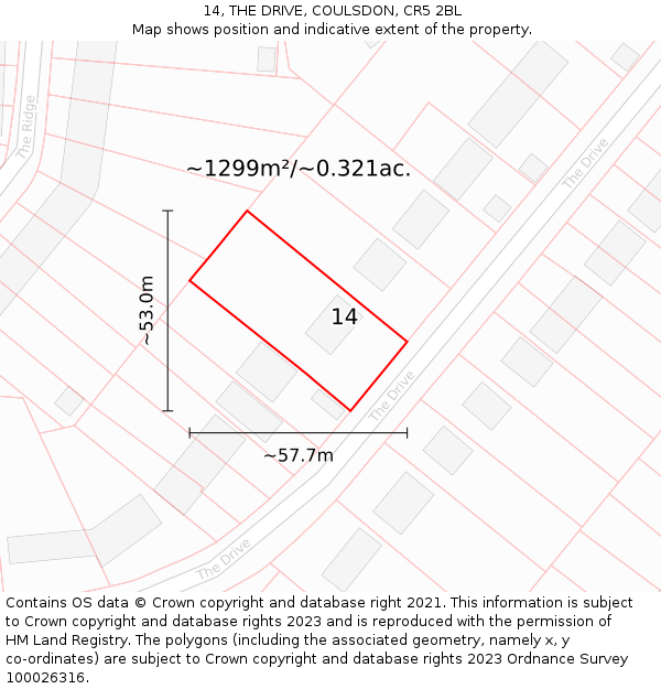 14, THE DRIVE, COULSDON, CR5 2BL: Plot and title map