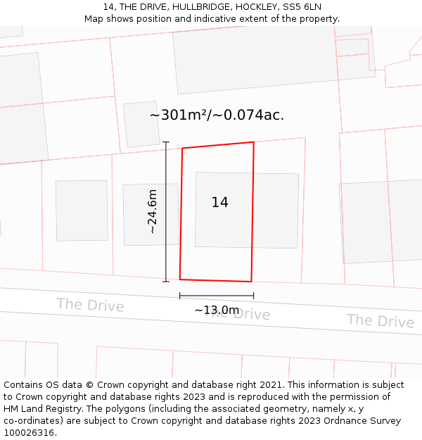 14, THE DRIVE, HULLBRIDGE, HOCKLEY, SS5 6LN: Plot and title map