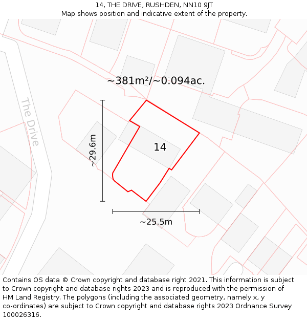 14, THE DRIVE, RUSHDEN, NN10 9JT: Plot and title map