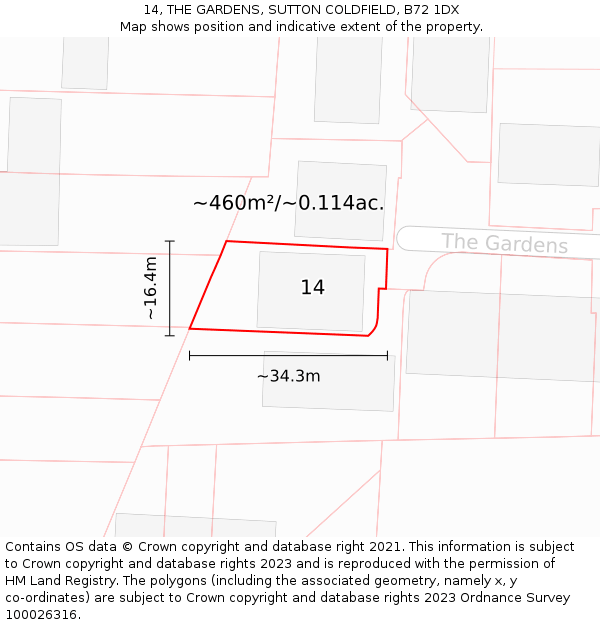 14, THE GARDENS, SUTTON COLDFIELD, B72 1DX: Plot and title map