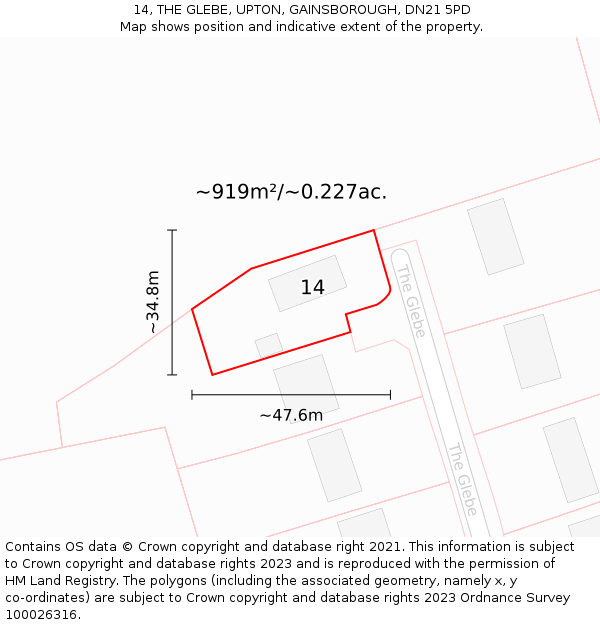 14, THE GLEBE, UPTON, GAINSBOROUGH, DN21 5PD: Plot and title map