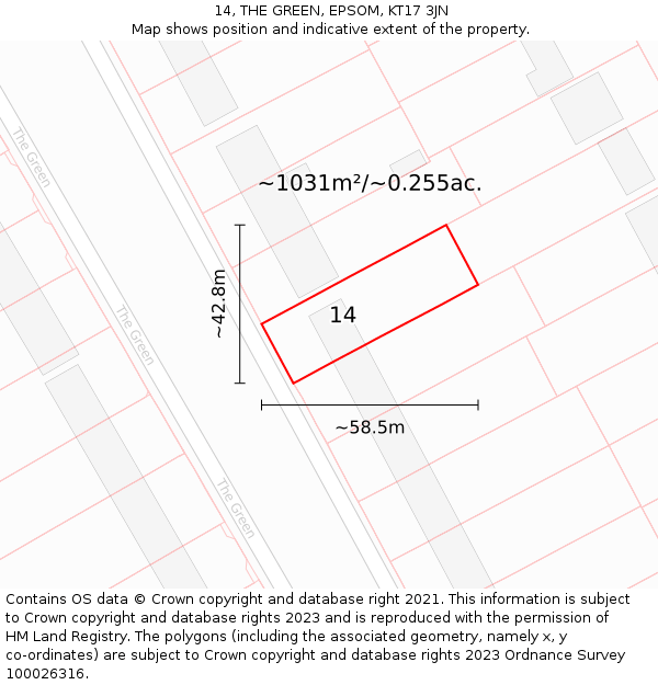 14, THE GREEN, EPSOM, KT17 3JN: Plot and title map