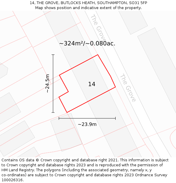 14, THE GROVE, BUTLOCKS HEATH, SOUTHAMPTON, SO31 5FP: Plot and title map