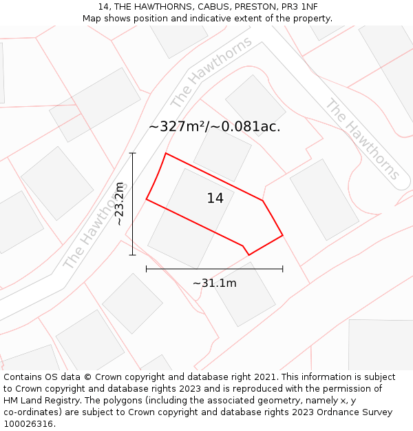 14, THE HAWTHORNS, CABUS, PRESTON, PR3 1NF: Plot and title map