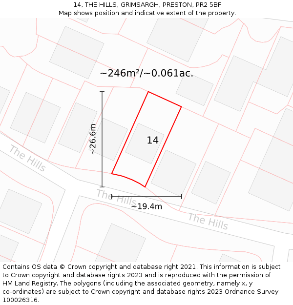 14, THE HILLS, GRIMSARGH, PRESTON, PR2 5BF: Plot and title map