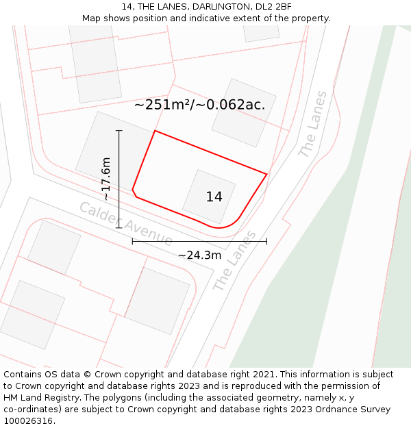 14, THE LANES, DARLINGTON, DL2 2BF: Plot and title map
