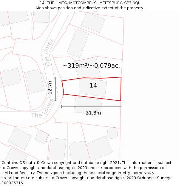14, THE LIMES, MOTCOMBE, SHAFTESBURY, SP7 9QL: Plot and title map