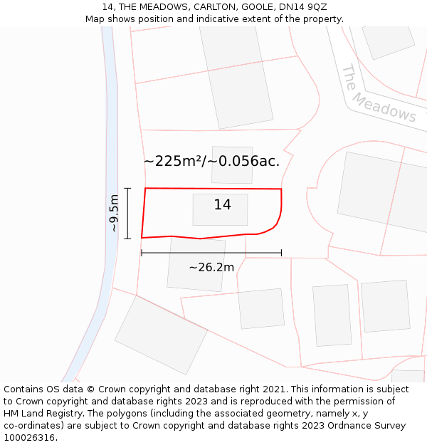 14, THE MEADOWS, CARLTON, GOOLE, DN14 9QZ: Plot and title map