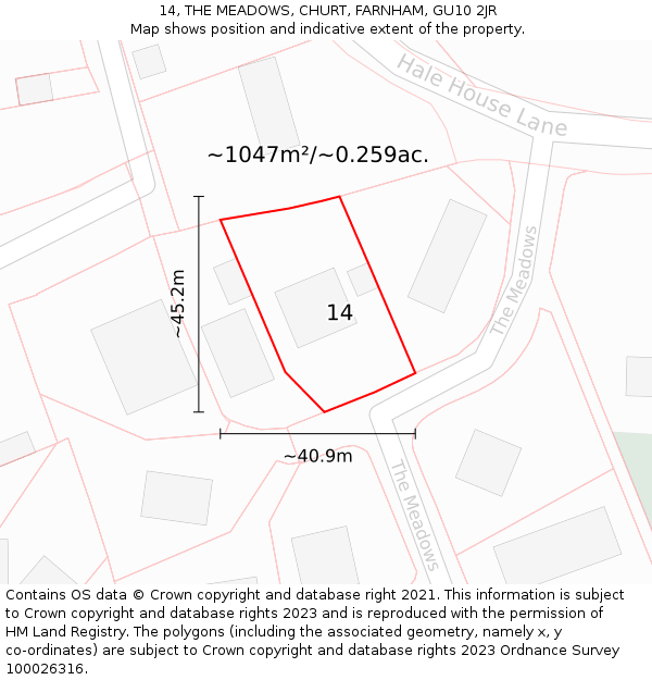 14, THE MEADOWS, CHURT, FARNHAM, GU10 2JR: Plot and title map