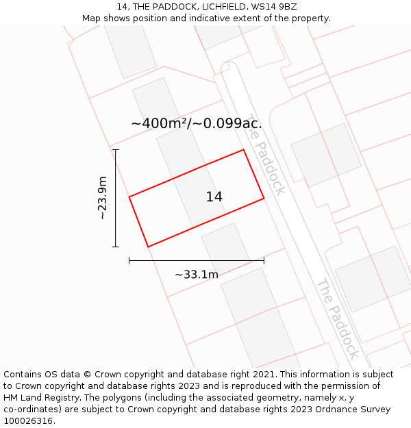 14, THE PADDOCK, LICHFIELD, WS14 9BZ: Plot and title map