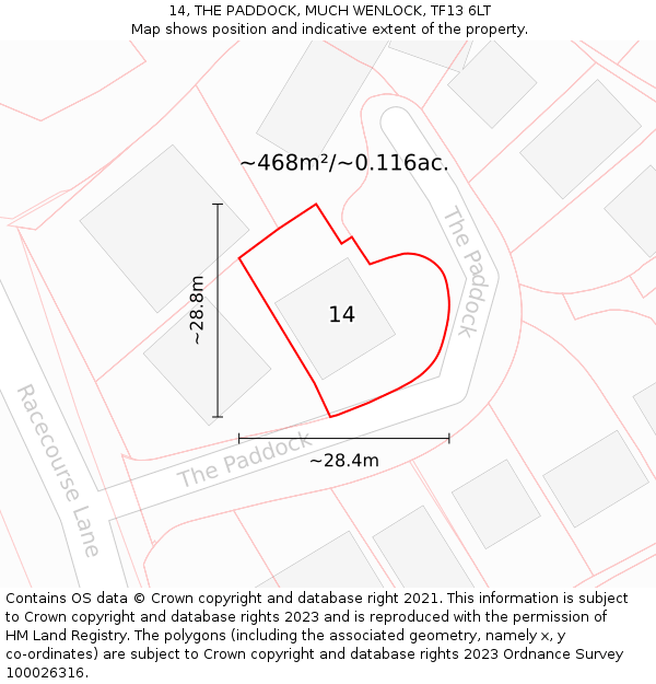 14, THE PADDOCK, MUCH WENLOCK, TF13 6LT: Plot and title map