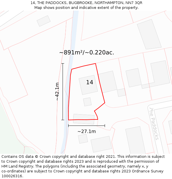 14, THE PADDOCKS, BUGBROOKE, NORTHAMPTON, NN7 3QR: Plot and title map