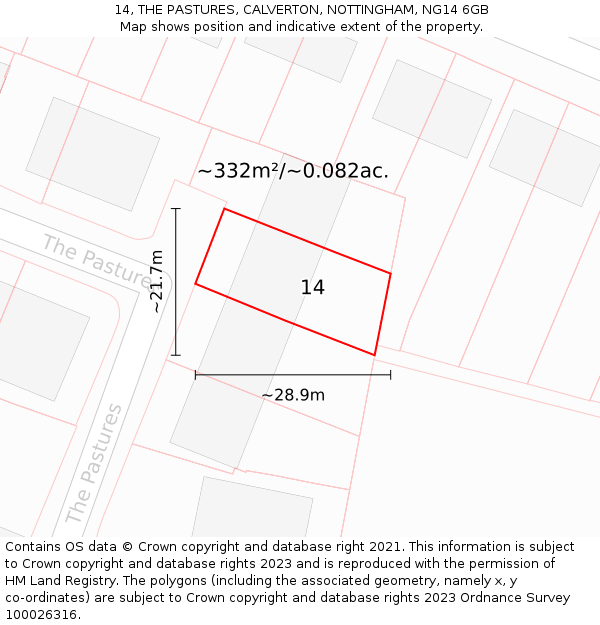 14, THE PASTURES, CALVERTON, NOTTINGHAM, NG14 6GB: Plot and title map