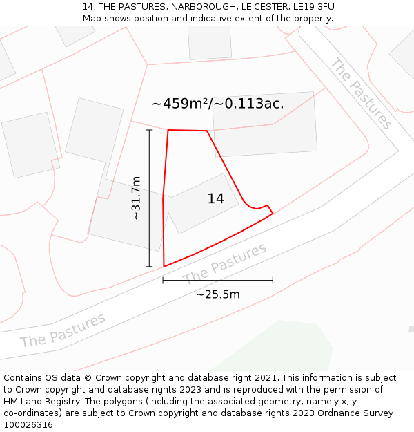 14, THE PASTURES, NARBOROUGH, LEICESTER, LE19 3FU: Plot and title map
