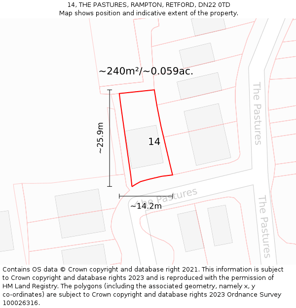 14, THE PASTURES, RAMPTON, RETFORD, DN22 0TD: Plot and title map