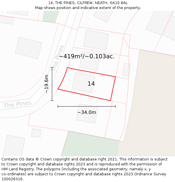 14, THE PINES, CILFREW, NEATH, SA10 8AL: Plot and title map