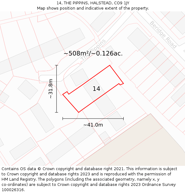 14, THE PIPPINS, HALSTEAD, CO9 1JY: Plot and title map