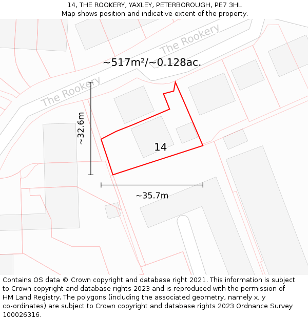 14, THE ROOKERY, YAXLEY, PETERBOROUGH, PE7 3HL: Plot and title map