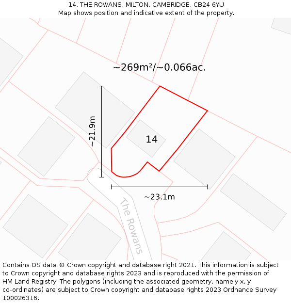 14, THE ROWANS, MILTON, CAMBRIDGE, CB24 6YU: Plot and title map