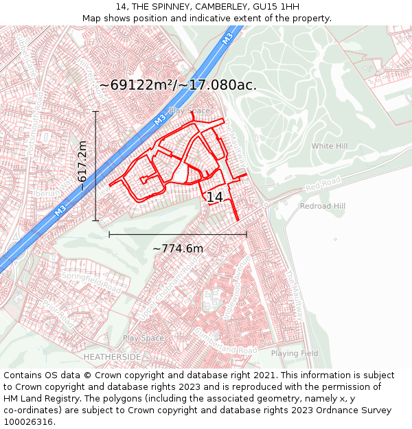 14, THE SPINNEY, CAMBERLEY, GU15 1HH: Plot and title map