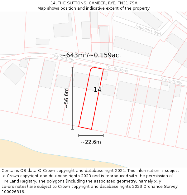 14, THE SUTTONS, CAMBER, RYE, TN31 7SA: Plot and title map