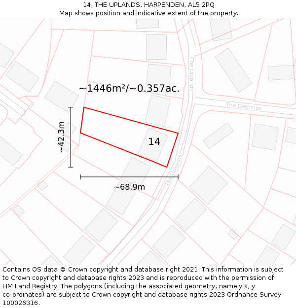 14, THE UPLANDS, HARPENDEN, AL5 2PQ: Plot and title map