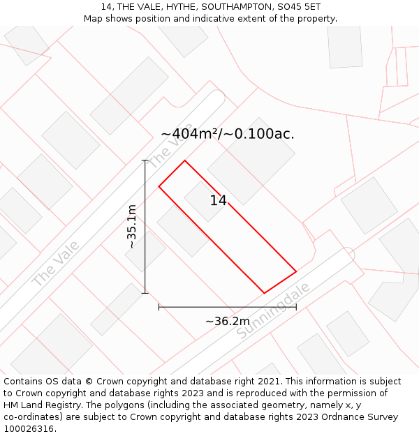 14, THE VALE, HYTHE, SOUTHAMPTON, SO45 5ET: Plot and title map