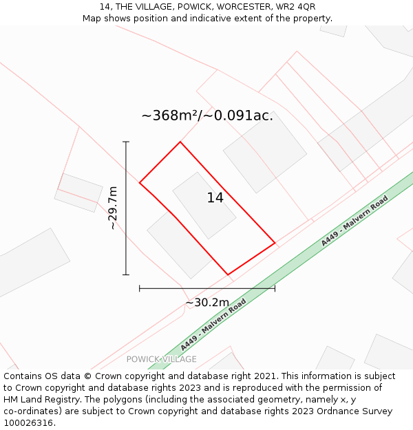 14, THE VILLAGE, POWICK, WORCESTER, WR2 4QR: Plot and title map