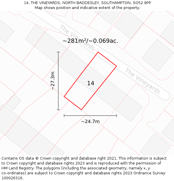 14, THE VINEYARDS, NORTH BADDESLEY, SOUTHAMPTON, SO52 9PP: Plot and title map