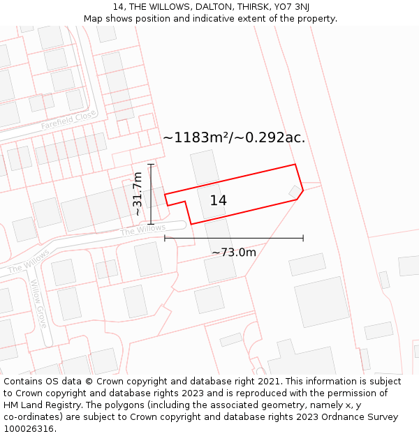 14, THE WILLOWS, DALTON, THIRSK, YO7 3NJ: Plot and title map