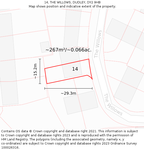14, THE WILLOWS, DUDLEY, DY2 9HB: Plot and title map