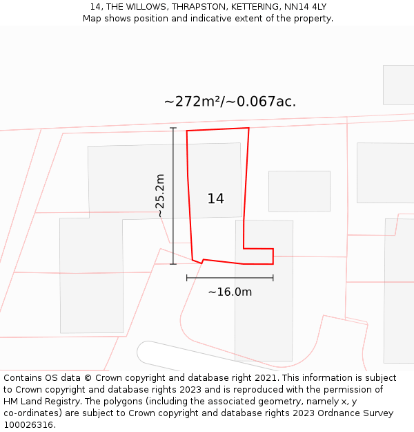 14, THE WILLOWS, THRAPSTON, KETTERING, NN14 4LY: Plot and title map