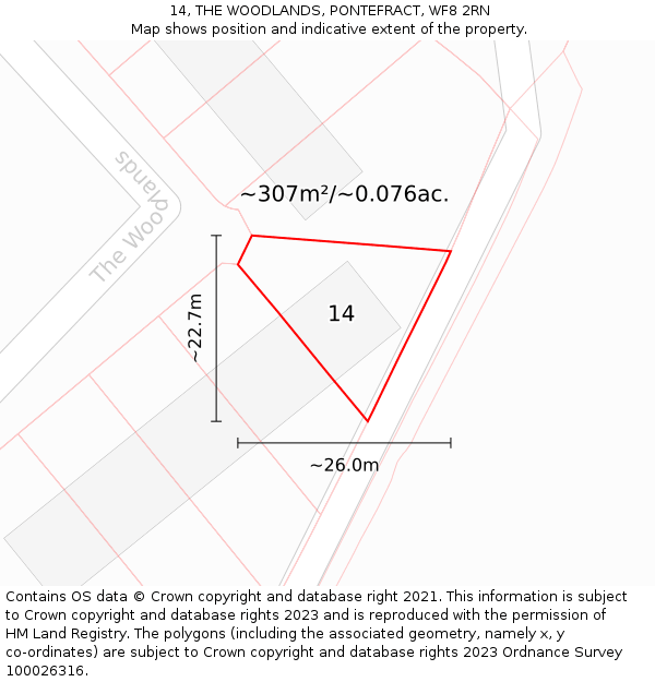 14, THE WOODLANDS, PONTEFRACT, WF8 2RN: Plot and title map
