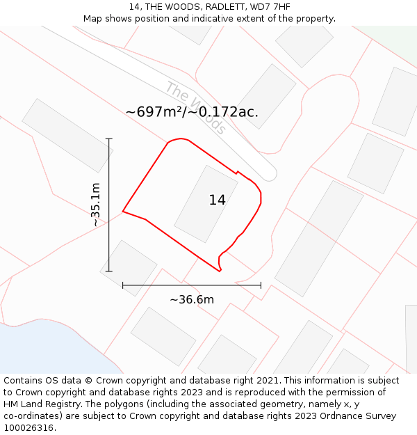 14, THE WOODS, RADLETT, WD7 7HF: Plot and title map