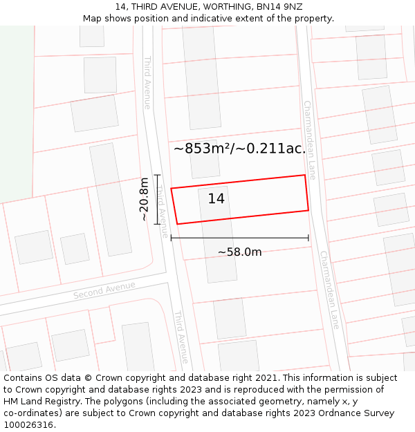14, THIRD AVENUE, WORTHING, BN14 9NZ: Plot and title map