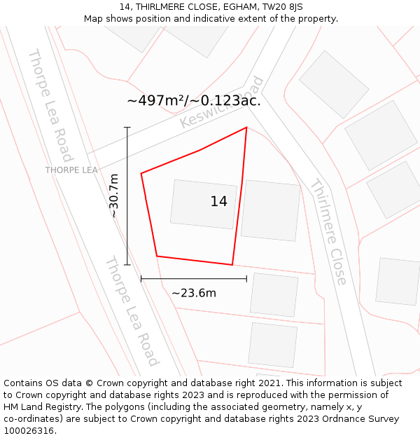14, THIRLMERE CLOSE, EGHAM, TW20 8JS: Plot and title map