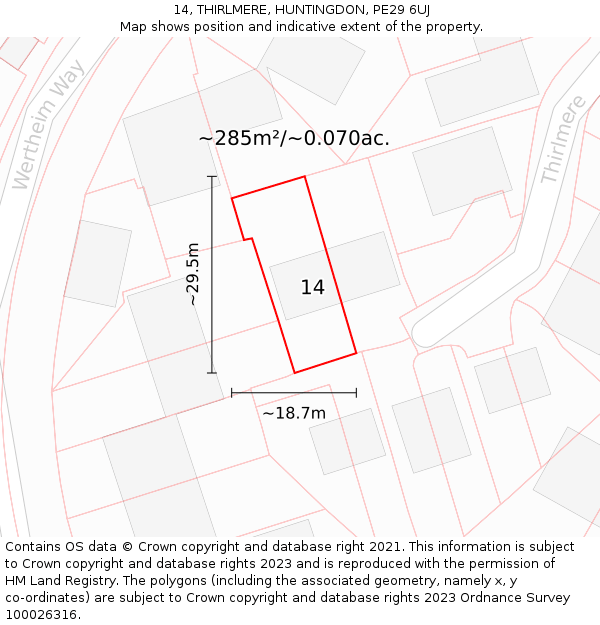 14, THIRLMERE, HUNTINGDON, PE29 6UJ: Plot and title map