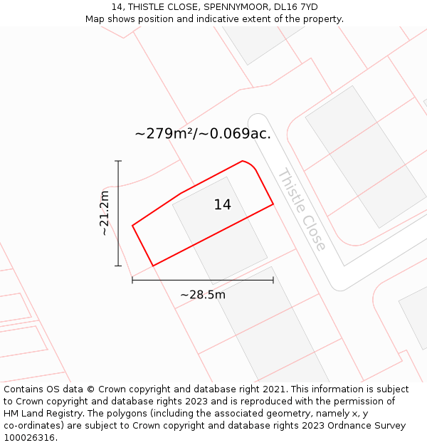 14, THISTLE CLOSE, SPENNYMOOR, DL16 7YD: Plot and title map