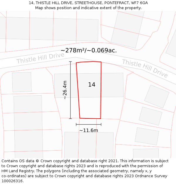 14, THISTLE HILL DRIVE, STREETHOUSE, PONTEFRACT, WF7 6GA: Plot and title map