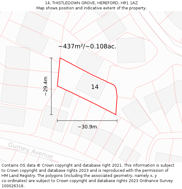 14, THISTLEDOWN GROVE, HEREFORD, HR1 1AZ: Plot and title map