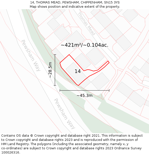 14, THOMAS MEAD, PEWSHAM, CHIPPENHAM, SN15 3YS: Plot and title map