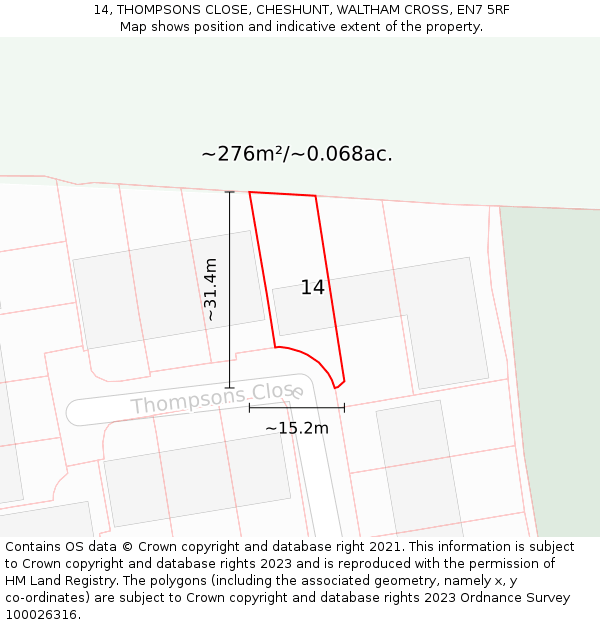 14, THOMPSONS CLOSE, CHESHUNT, WALTHAM CROSS, EN7 5RF: Plot and title map