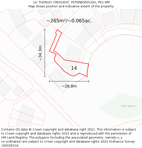 14, THORLEY CRESCENT, PETERBOROUGH, PE2 9RF: Plot and title map
