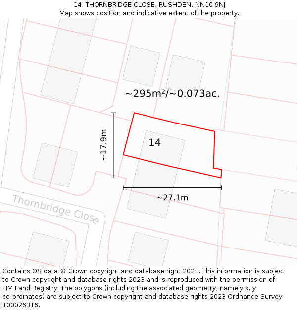 14, THORNBRIDGE CLOSE, RUSHDEN, NN10 9NJ: Plot and title map
