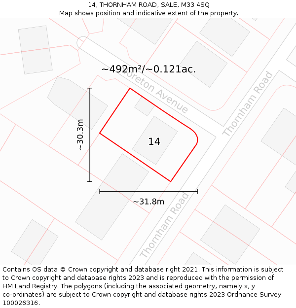 14, THORNHAM ROAD, SALE, M33 4SQ: Plot and title map